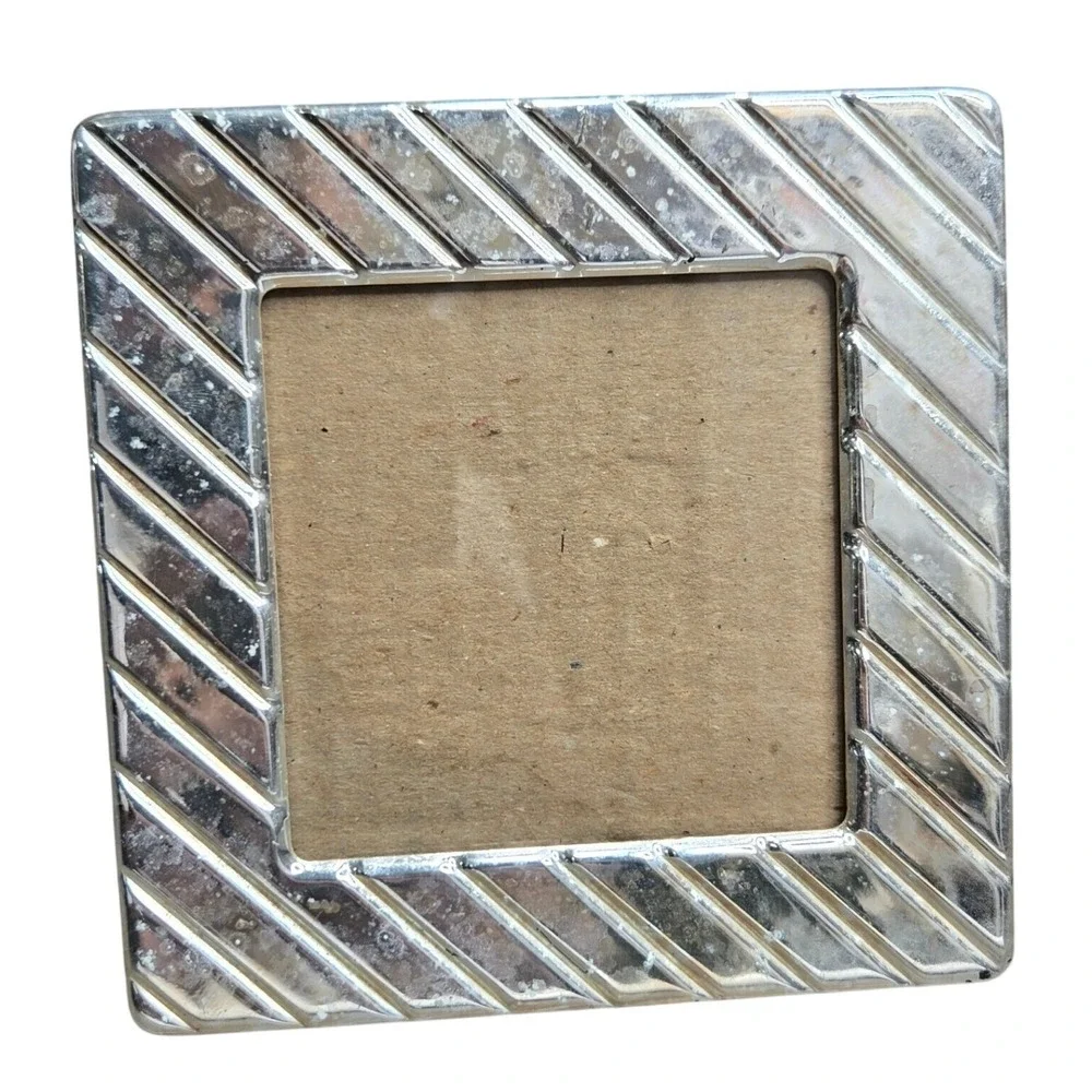 Vintage Silver Tone Metal Square Picture Frame 3x3 Tabletop Stand Art Deco Korea